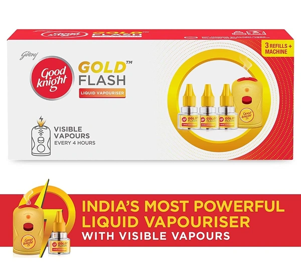 Good Knight Gold Flash Liquid Vapourizer | Mosquito Repellent Combo Pack | Machine + Pack Of 3 Refills (45Ml Each)