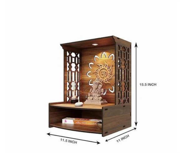  Beautiful Wooden Pooja Stand for Home Pooja Mandir for Home Temple for Home and Office Puja Mandir for Home Wall Mounted with LED Spot LightName:  Beautiful Wooden Pooja Stand for Home Pooja Mandir for Home Temple for Home and Office Puja Mandir for Home Wall Mounted with LED Spot LightMaterial: MDFColor: BrownProduct Breadth: 10.5 InchProduct Height: 15 InchProduct Length: 11 Inc