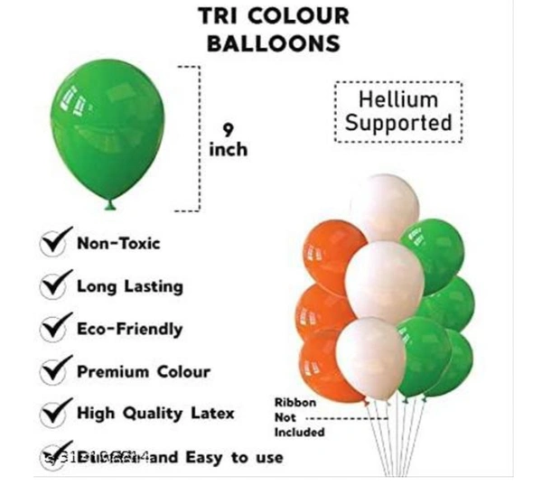 Independence Day Balloons, Tricolor - 30 Pcs - Independence Day Decorations of Indian Flag colors Tiranga Balloons/ Republic Day Pack 30 BALLOONSName: Independence Day Balloons, Tricolor - 30 Pcs - Independence Day Decorations of Indian Flag colors Tiranga Balloons/ Republic Day Pack 30 BALLOONSType: BalloonsColor: MulticolorFeatured Character: AnimalAge Group: Up to 12 monthsNet Q