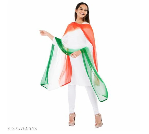 Tricolor Dupatta by Vastra KamaName: Tricolor Dupatta by Vastra KamaFabric: ChiffonPattern: ColorblockedNet Quantity (N): 1Sizes:Free Size (Length Size: 2.25 m) Happy Independence Day and VANDE MATARAM! Celebrate your patriotism for your country through this beautiful tri color Dupatta. Create an aura of patriotism around you by flaunting this "kesari shwet Harit" Dupatta crafted w