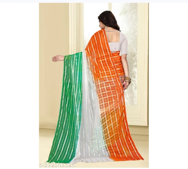 ORGANZA TIRANGA SAREE  TIRANGA SAREE SAPCIAL SAREE FOR INDEPANDENT DAYS AND REPUBLIC DAYName: ORGANZA TIRANGA SAREE  TIRANGA SAREE SAPCIAL SAREE FOR INDEPANDENT DAYS AND REPUBLIC DAYSaree Fabric: Art SilkBlouse: Separate Blouse PieceBlouse Fabric: Art SilkBlouse Pattern: Same as SareeNet Quantity (N): SingleIts a master piece in its class glorifying your timeless beauty. Be ready t
