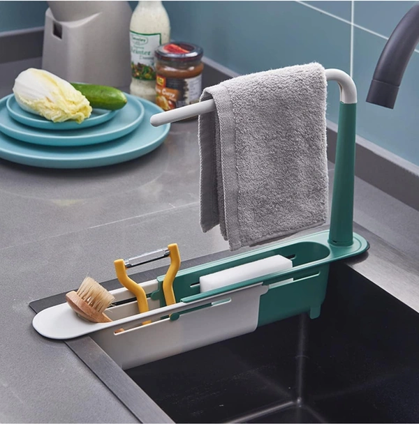 Styxon ABS PCENF5333  Plastic Telescopic Sink Storage Rack, Adjustable Telescopic 2-In-1 Sink Shelf Rack With A Dish Cloth, Expandable Sponge Soap Holder, Multicolor