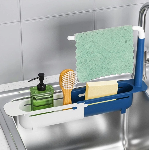 Styxon ABS PCENF5333  Plastic Telescopic Sink Storage Rack, Adjustable Telescopic 2-In-1 Sink Shelf Rack With A Dish Cloth, Expandable Sponge Soap Holder, Multicolor