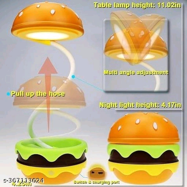 Burger Design Desk Night Lamp for Kids & Adults, Rechargeable Desk Lamp with Adjustable Neck Dimmable Touch Switch & Sharpener (Pack of 1, Multicolor)Name: Burger Design Desk Night Lamp for Kids & Adults, Rechargeable Desk Lamp with Adjustable Neck Dimmable Touch Switch & Sharpener (Pack of 1, Multicolor)Material: ABSAssembly: Fully AssembledBase Fixture Material: PCENF5385
