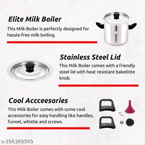 Stainless Steel Milk Boiler PCENF5439 | Milk Cooker | Milk Pot With Handle, Whistle And FunnelName: 1 Litre Stainless Steel Milk Boiler | Milk Cooker | Milk Pot With Handle, Whistle And FunnelMaterial: Stainless SteelSurface Coating: Non CoatedUsage: Multi-UtilityFeatures: Both Gas stovetop & Induction CompatibleProduct Breadth: 13 CmProduct Height: 13 CmProduct Length: 13 CmNet  - 1 Litre