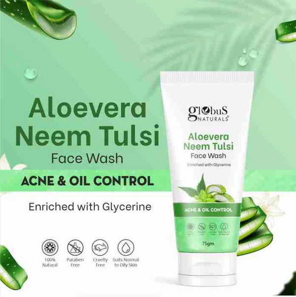 Globus Naturals Aloe vera Anti-ageing Enriched With Glycerin & Oil Control Formula Face Wash - Green, 75 G