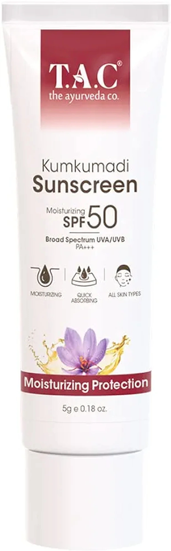 TAC - The Ayurveda Co. Kumkumadi Sunscreen Ultra Light SPF 50 with UVA/UVB PA+++, for Sun Protection, Dull & Dry Skin Women & Men, All Skin Types, 5 gm (Kumkumadi Moisturizing SPF 50 Sunscreen Mini)
