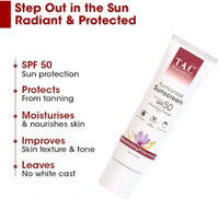 Kumkumadi TAC - The Ayurveda Co. Kumkumadi Sunscreen Ultra Light SPF 50 with UVA/UVB PA+++, for Sun Protection, Dull & Dry Skin Women & Men, All Skin Types, 5 gm (Kumkumadi Moisturizing SPF 50 Sunscreen Mini)