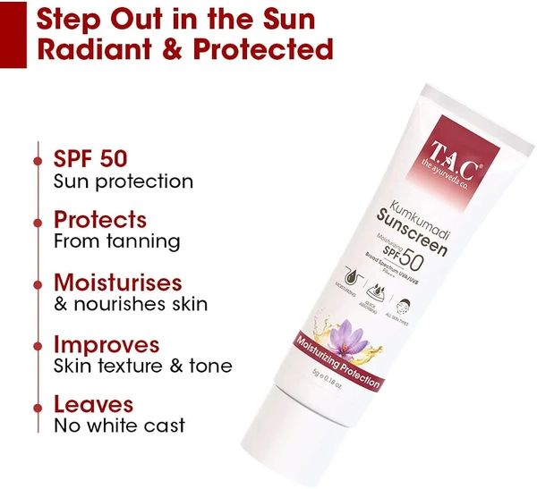 Kumkumadi TAC - The Ayurveda Co. Kumkumadi Sunscreen Ultra Light SPF 50 with UVA/UVB PA+++, for Sun Protection, Dull & Dry Skin Women & Men, All Skin Types, 5 gm (Kumkumadi Moisturizing SPF 50 Sunscreen Mini)