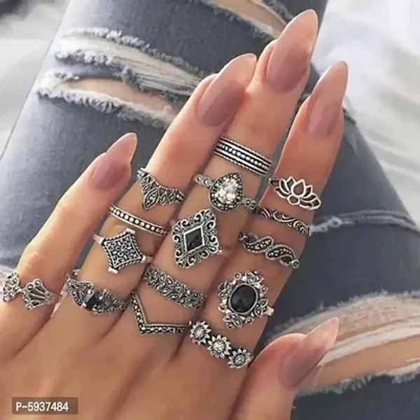 Silver Plated Fifteen Piece Vintage Floral Designs Plushy Ring Set For Women and Grils.