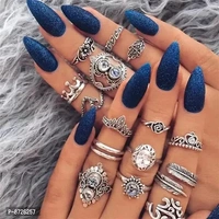 Silver Plated Fifteen Piece Vintage Floral Designs Plushy Ring Set For Women and Grils.