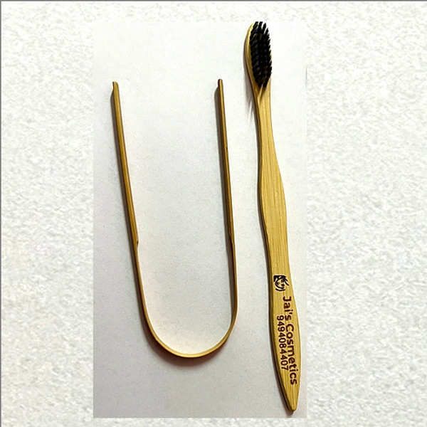 Jai's Cosmetics Bamboo Toothbrush Activated Charcoal Soft Bristles & Tongue Cleaner - 1 Piece