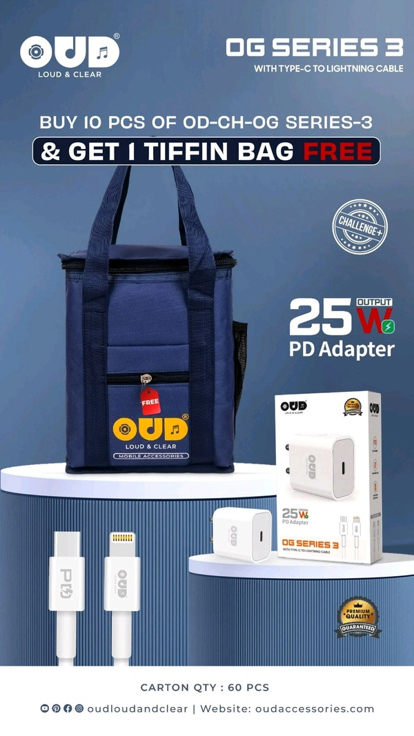 OUD 25W Og Series 3 PD Charger Type-C To Iphone (Buy 10.Pcs Get Tiffin Bag Free)