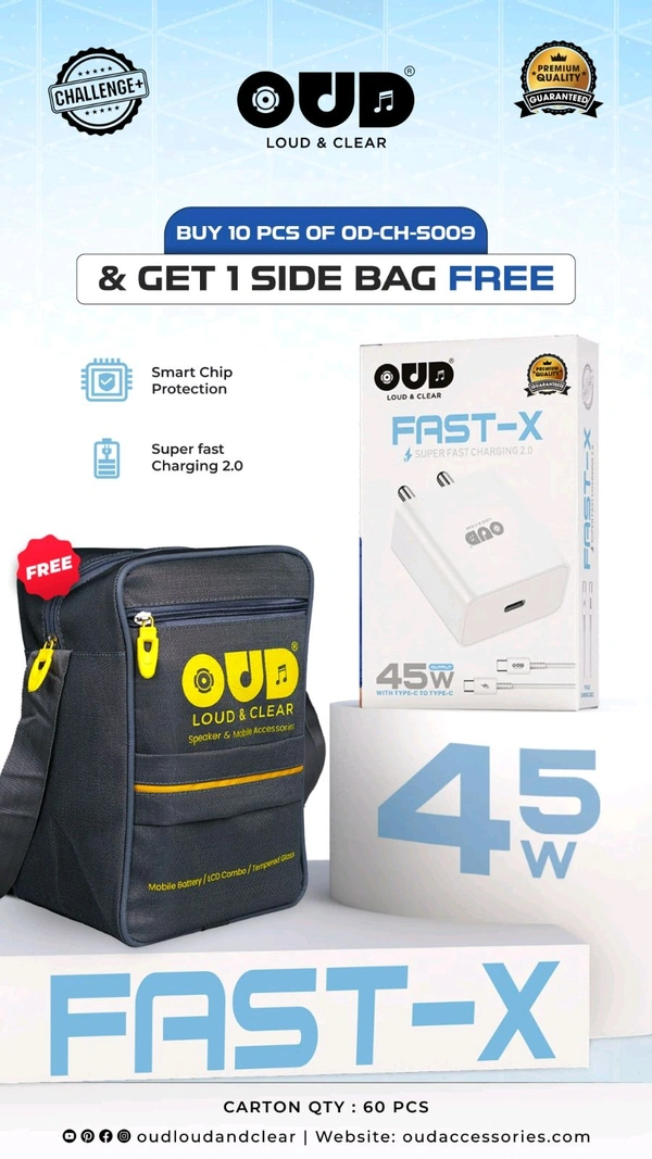 OUD Fast-X 45W OutPut With Type-C To Type-C Charger (Buy 10 Pcs Get Side Bag Free)