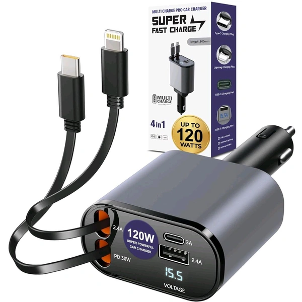New 4in1 Car Charger Premium Quality 120W Retractable Fast Car Charger, 4 in 1 Mobile Charging Adapter with Dual USB Ports, USB-C & Lightning Cables, Compatible with iPhone & Type-C Android Devices, Multi-Device Charger(13.5 inches cable)