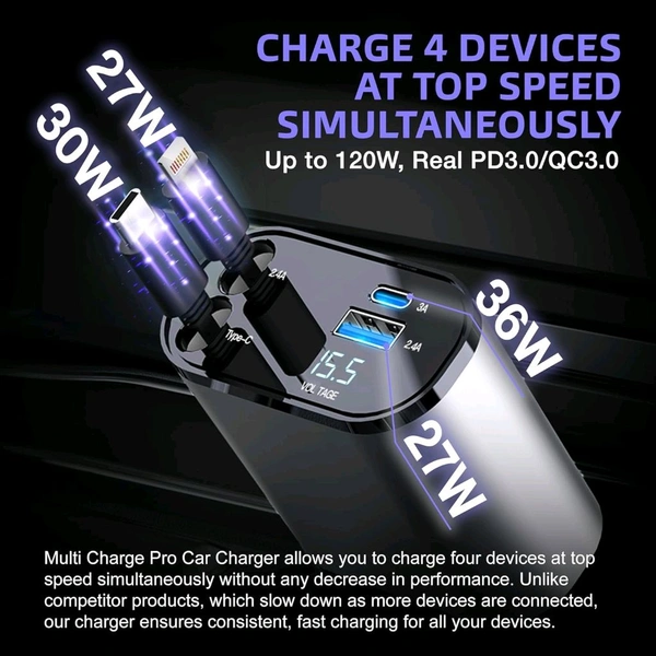New 4in1 Car Charger Premium Quality 120W Retractable Fast Car Charger, 4 in 1 Mobile Charging Adapter with Dual USB Ports, USB-C & Lightning Cables, Compatible with iPhone & Type-C Android Devices, Multi-Device Charger(13.5 inches cable)