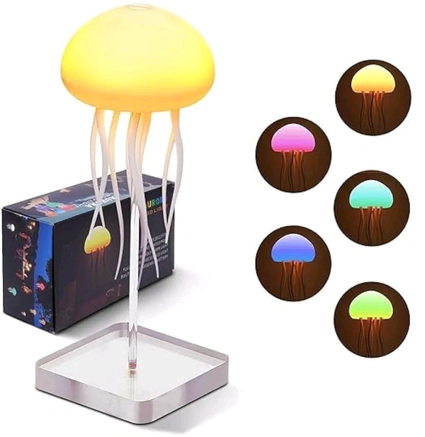 New Aurora Jellyfish Lamp With Moving Tentacles & Base, 72 Gradient RGB Colors, USB Rechargeable, Voice & Button Controlled Night Light, Modern Desk Decor, White