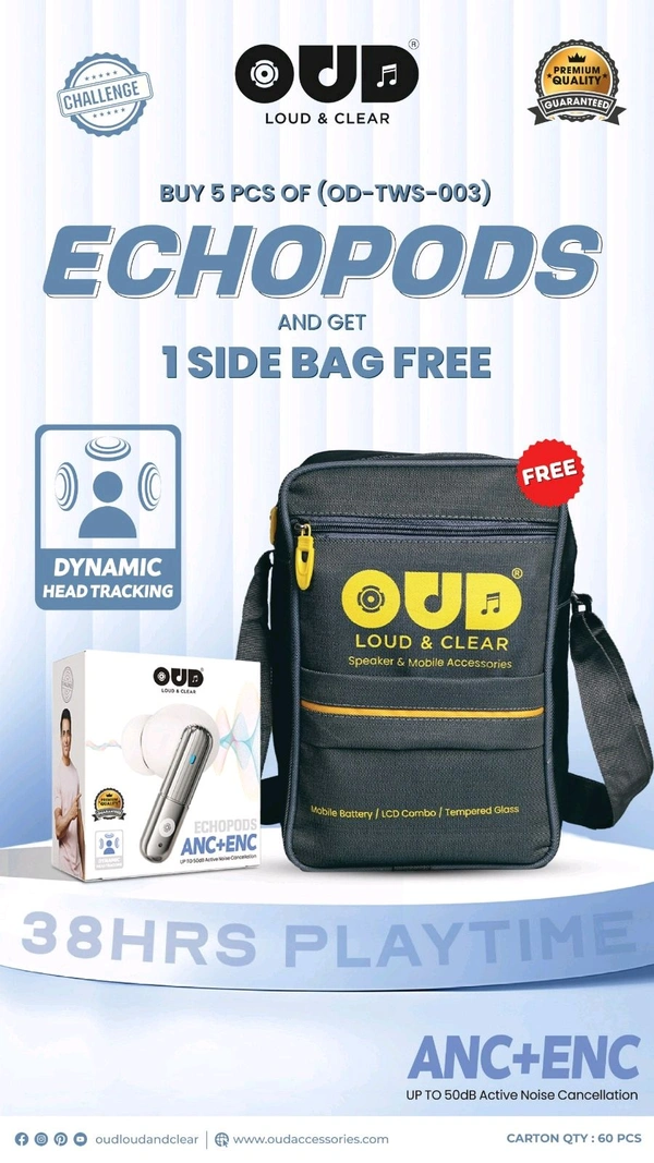 OUD OD-TWS-003 ECHO PODS ANC+ENC 38Hrs Playtime (Buy 5 PCs Get 1 Bag Free) 6 Month Warranty 