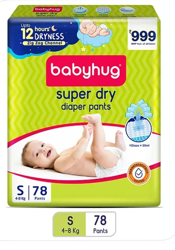 Baby hug Super Dry Pant Style Diapers Small (S) Size - 78 Pieces - S-SIZE PACK OF 78