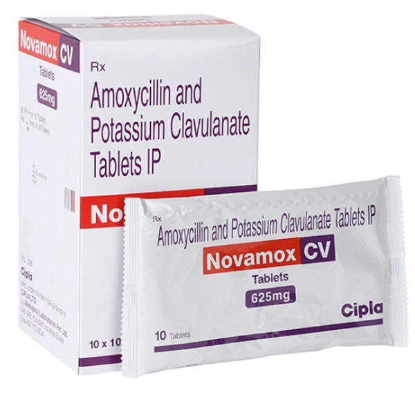 Novamox CV 625mg Tablet - 1 Strip ( 10 Tablets), Amoxycillin (500mg) + Clavulanic Acid (125mg)