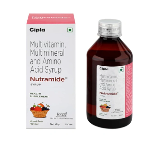 Cipla Kids Nutramide Syrup Mixed Fruit - 200ml, Ascorbic acid Colocalciferol Dexpanthenol Inositol Lysine hydrochloride Manganese sulfate Nicotinamide Retinol Vitamin E acetate Zinc sulfate