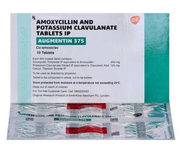 Augmentin 375 Tablet - 1 Strip (10 Tablets), Amoxycillin (250mg) + Clavulanic Acid (125mg)