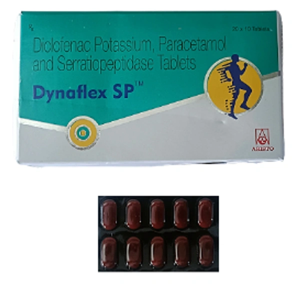 Dynaflex SP 50mg/325mg/15mg Tablet  - 1 Strip (10 Tablets), Diclofenac (50mg) + Paracetamol (325mg) + Serratiopeptidase (15mg)