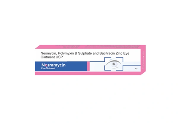 Nosramycin Eye Ointment - 5 gm, Bacitracin (400IU) + Neomycin (3400IU) + Polymyxin B (5000IU)