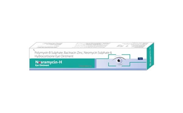 Nosramycin H Eye Ointment - 5 gm, Polymyxin B (5000units) + Neomycin (3400units) + Bacitracin (400units) + Hydrocortisone (10mg)