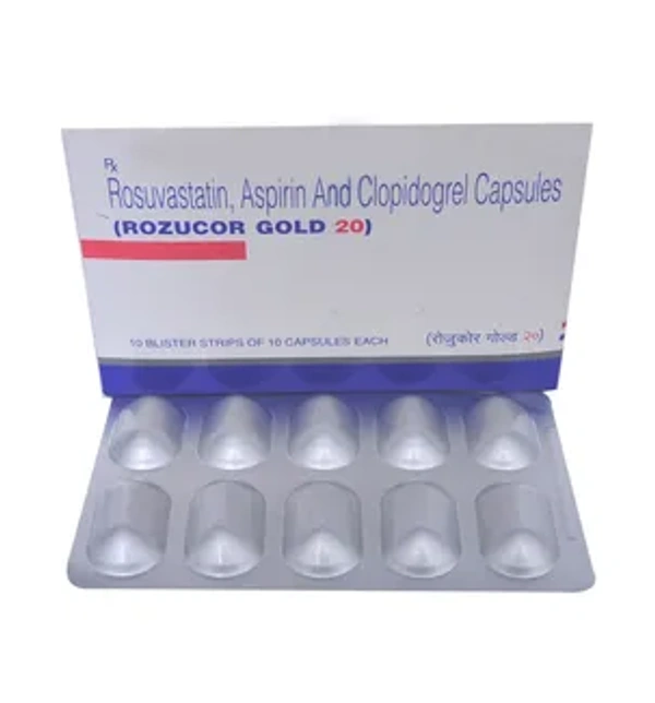 Rozucor Gold 20 Capsule - 1 Strip ( 10 Capsules), Aspirin (75mg) + Rosuvastatin (20mg) + Clopidogrel (75mg)