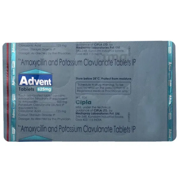 Advent 625 Tablet - 1 strip (10 tablets), SALT COMPOSITION Amoxycillin (500mg) + Clavulanic Acid (125mg)