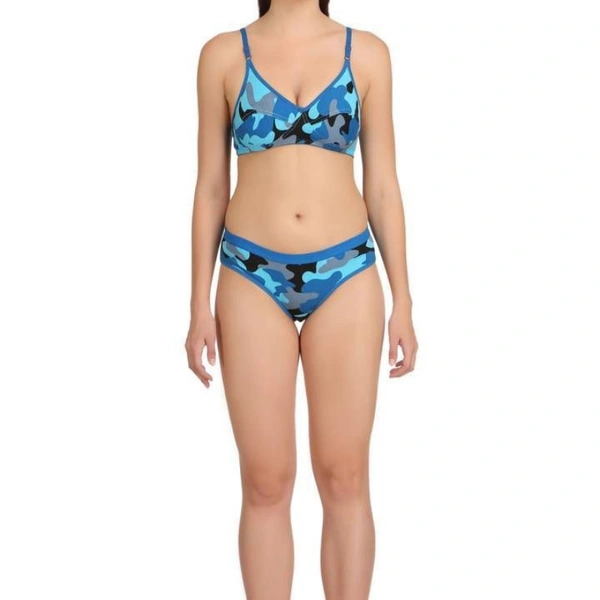  Blue Cotton Spandex Bra & Panty Set For Women's