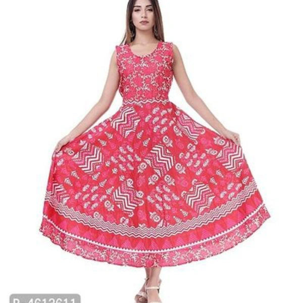 Women's Cotton Jaipuri Multicolor Printed Sleeveless Long GownsWomen's Cotton Jaipuri Multicolor Printed Sleeveless Long Gowns
