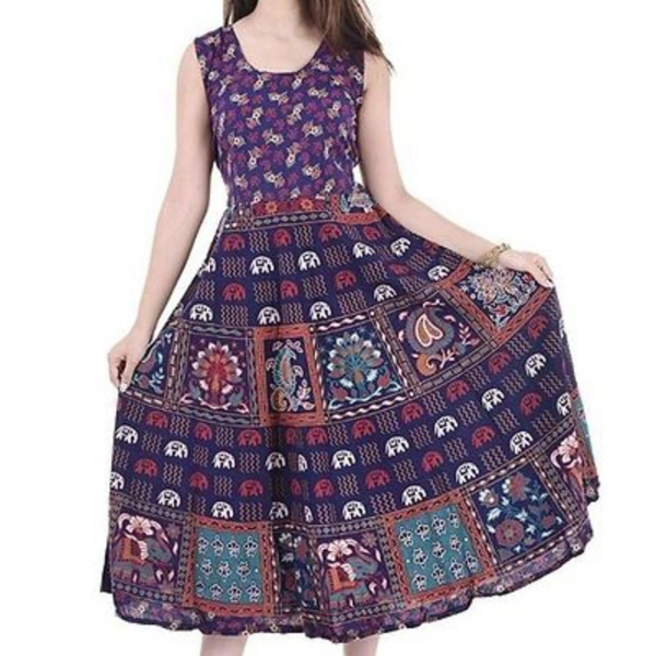 Women's Cotton Jaipuri Multicolor Printed Sleeveless Long GownsWomen's Cotton Jaipuri Multicolor Printed Sleeveless Long Gowns