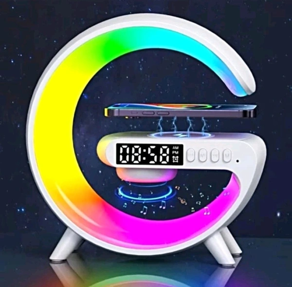 PROFITKART  G Shape Table Lamp RGB Bluetooth Speaker with 15w Wireless Charger, Digital Clock 5 W Bluetooth Party Speaker (White, 2.0 Channel) - Free