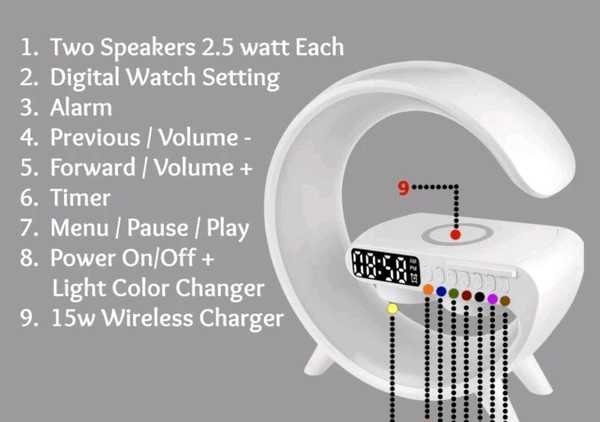 PROFITKART  G Shape Table Lamp RGB Bluetooth Speaker with 15w Wireless Charger, Digital Clock 5 W Bluetooth Party Speaker (White, 2.0 Channel) - Free