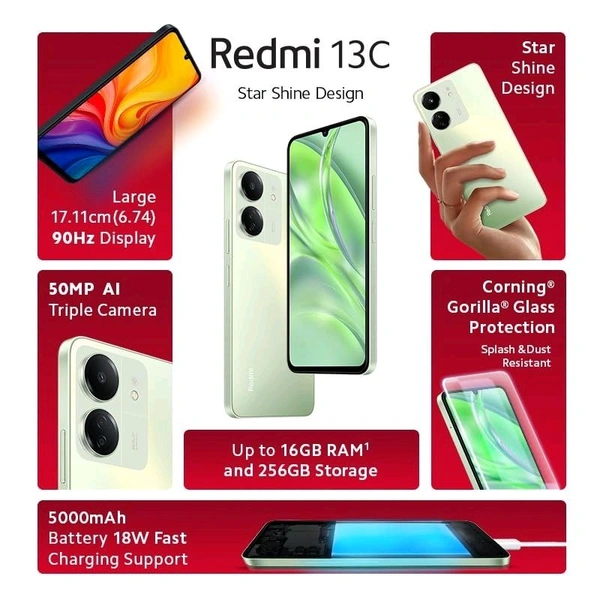 REDMI  Redmi Smart Phone13C (Starshine Green, 8GB RAM, 256GB Storage) | Powered by 4G MediaTek Helio G85 | 90Hz Display | 50MP AI Triple Camera - Green