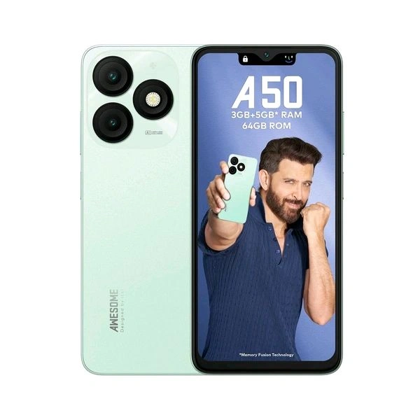ITEL itel A50|6.6" HD+ Display with Dynamic Bar| 8GB (3GB+5GB) RAM + 64GB ROM, Upto 8GB RAM with Memory Fusion|Octacore Processor|8MP AI Dual Rear Camera|5000 mAh Battery (Lime Green) - misty black, 8GB