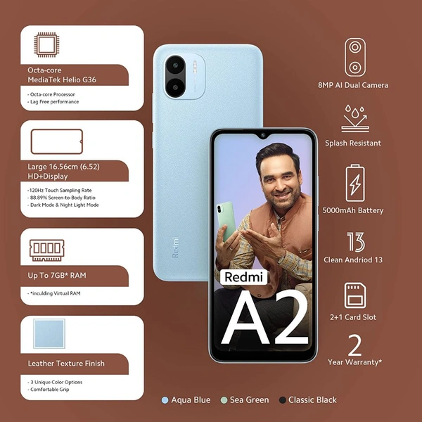 Redmi A2, 4GB RAM, 64GB Storage | Powerful Octa Core G36 Processor | Upto 7GB RAM | Large 16.56 cm HD+ Display with Massive 5000mAh Battery (Aqua Blue)