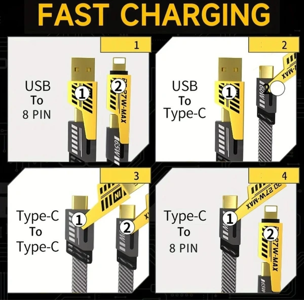 PROFITKART  Type C 1 m Braided 4 in 1 65W Fast Charging Cable Compatible for-iPhone & Android with MFI Certified (1 Meter) (Compatible with Apple, Android, Compatible With Apple & Android, Black, One Cable, One Cable) - Black
