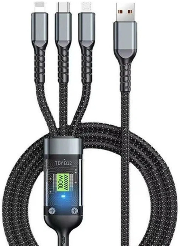 3-in-1 Cable 6 A 1 m Nylon Braided Multiple USB Cable Universal Charging Cord with Type-C, Micro USB and iP Port for Cell Phones and More (Compatible with Smartphones, iPhone, Android, Laptop, Black, One Cable)