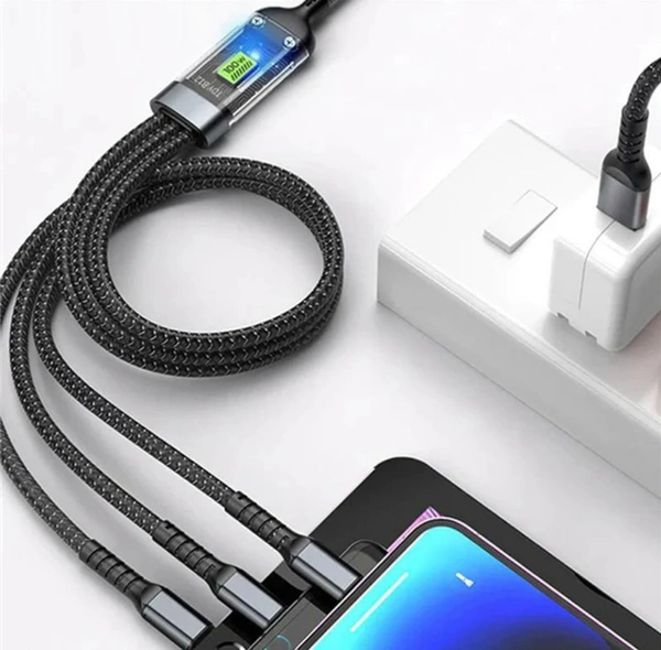 PROFITKART  3-in-1 Cable 6 A 1 m Nylon Braided Multiple USB Cable Universal Charging Cord with Type-C, Micro USB and iP Port for Cell Phones and More (Compatible with Smartphones, iPhone, Android, Laptop, Black, One Cable) - Black