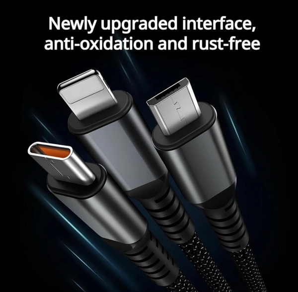 PROFITKART  3-in-1 Cable 6 A 1 m Nylon Braided Multiple USB Cable Universal Charging Cord with Type-C, Micro USB and iP Port for Cell Phones and More (Compatible with Smartphones, iPhone, Android, Laptop, Black, One Cable) - Black