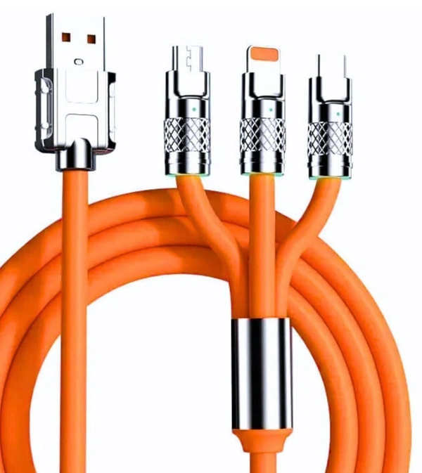 PROFITKART  3-in-1 Cable 1.2 m Multi-Functional USB Super-Fast Charging Cable, 65W (Compatible with USB-C, Micro-USB, and Lightning connectors, Orange, One Cable) - orange