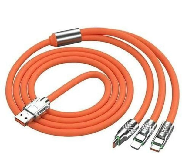 PROFITKART  3-in-1 Cable 1.2 m Multi-Functional USB Super-Fast Charging Cable, 65W (Compatible with USB-C, Micro-USB, and Lightning connectors, Orange, One Cable) - orange