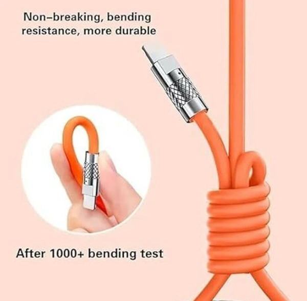 PROFITKART  3-in-1 Cable 1.2 m Multi-Functional USB Super-Fast Charging Cable, 65W (Compatible with USB-C, Micro-USB, and Lightning connectors, Orange, One Cable) - orange
