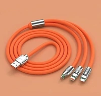 PROFITKART  3-in-1 Cable 1.2 m Multi-Functional USB Super-Fast Charging Cable, 65W (Compatible with USB-C, Micro-USB, and Lightning connectors, Orange, One Cable) - orange