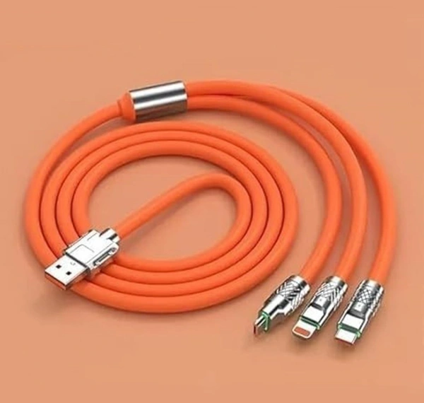 PROFITKART  3-in-1 Cable 1.2 m Multi-Functional USB Super-Fast Charging Cable, 65W (Compatible with USB-C, Micro-USB, and Lightning connectors, Orange, One Cable) - orange
