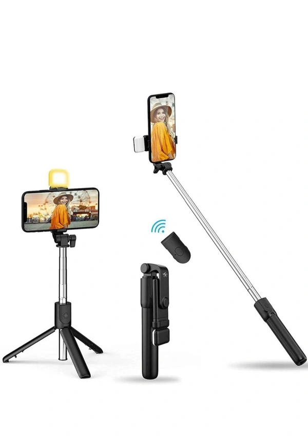 PROFITKART  R1s Bluetooth Selfie Sticks with Remote and Selfie Light, 3-in-1 Multifunctional Selfie Stick Tripod Stand Compatible with iPhone/OnePlus/Samsung/ Realme & All Smartphones/Go Pro Bluetooth Selfie Stick (Black, Remote Included) - Black