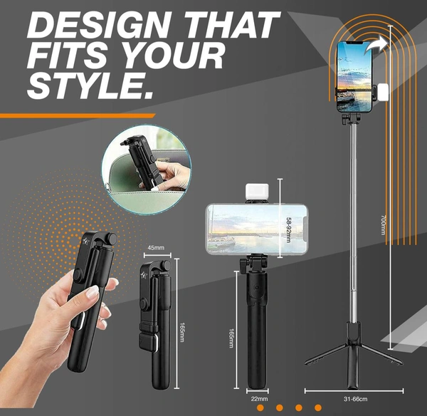 PROFITKART  R1s Bluetooth Selfie Sticks with Remote and Selfie Light, 3-in-1 Multifunctional Selfie Stick Tripod Stand Compatible with iPhone/OnePlus/Samsung/ Realme & All Smartphones/Go Pro Bluetooth Selfie Stick (Black, Remote Included) - Black